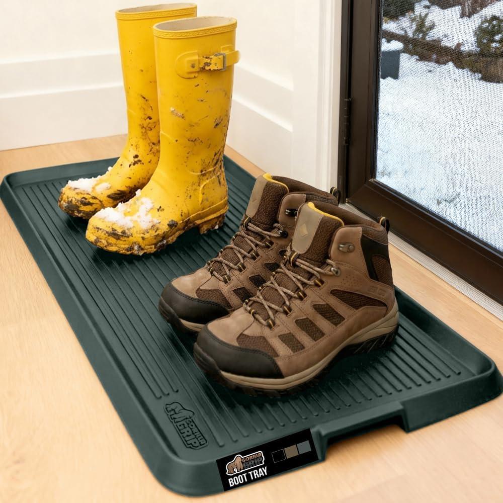 image:imageGORILLA GRIP Natural Rubber Indoor Outdoor Boot Tray for Shoes Waterproof Winter Mat with Raised Edges and Handle Tear Resistant Heavy Duty Floor Mats for Home Easy Clean Shoe Trays 24x16 BlackHunter Green