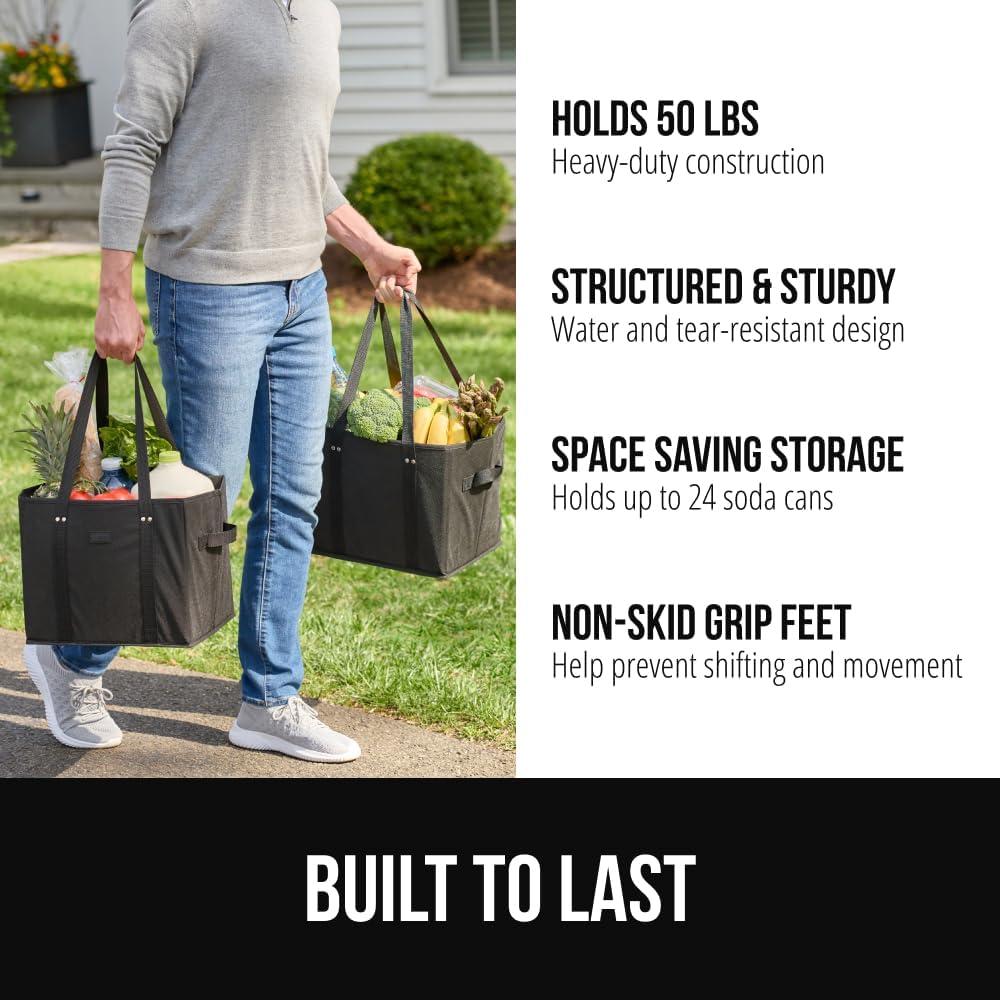 image:imageGORILLA GRIP Heavy Duty Foldable Reusable Grocery Bags Transport Heavy Groceries to Car 3 Pack Tear Resistant Box Shape Shopping Tote with Strong Handles Grip Feet Bottom 13x10x11 Black