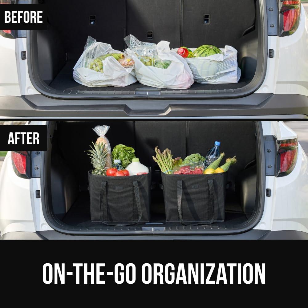 image:imageGORILLA GRIP Heavy Duty Foldable Reusable Grocery Bags Transport Heavy Groceries to Car 3 Pack Tear Resistant Box Shape Shopping Tote with Strong Handles Grip Feet Bottom 13x10x11 Black