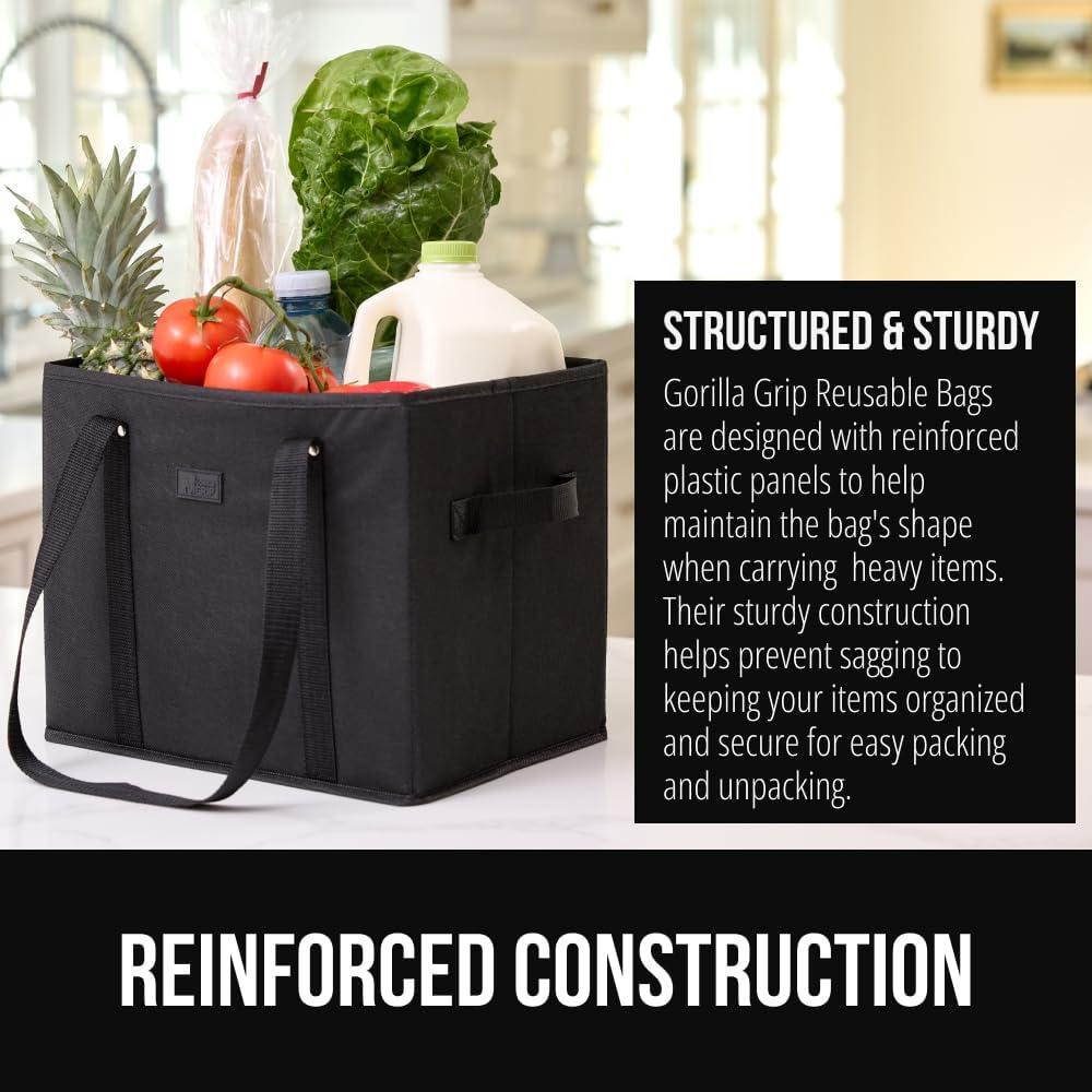 image:imageGORILLA GRIP Heavy Duty Foldable Reusable Grocery Bags Transport Heavy Groceries to Car 3 Pack Tear Resistant Box Shape Shopping Tote with Strong Handles Grip Feet Bottom 13x10x11 Black
