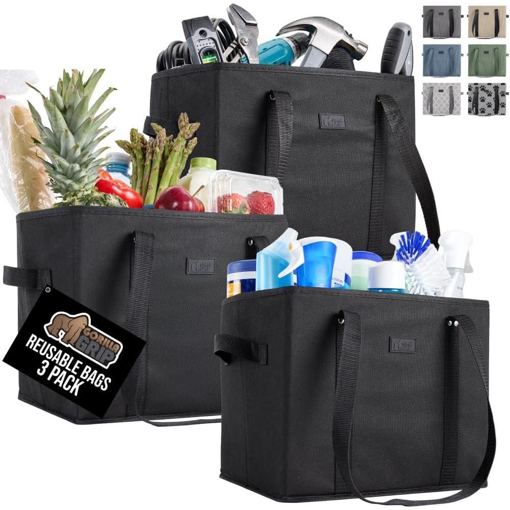 image:imageGORILLA GRIP Heavy Duty Foldable Reusable Grocery Bags Transport Heavy Groceries to Car 3 Pack Tear Resistant Box Shape Shopping Tote with Strong Handles Grip Feet Bottom 13x10x11 Black