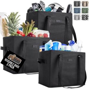 GORILLA GRIP Heavy Duty Foldable Reusable Grocery Bags, Transport Heavy Groceries to Car, 3 Pack, Tear Resistant Box Shape Shopping Tote with Strong Handles, Grip Feet Bottom, 13x10x11, Black